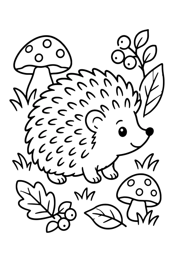 Coloring page of a cute hedgehog sitting among mushrooms and leaves