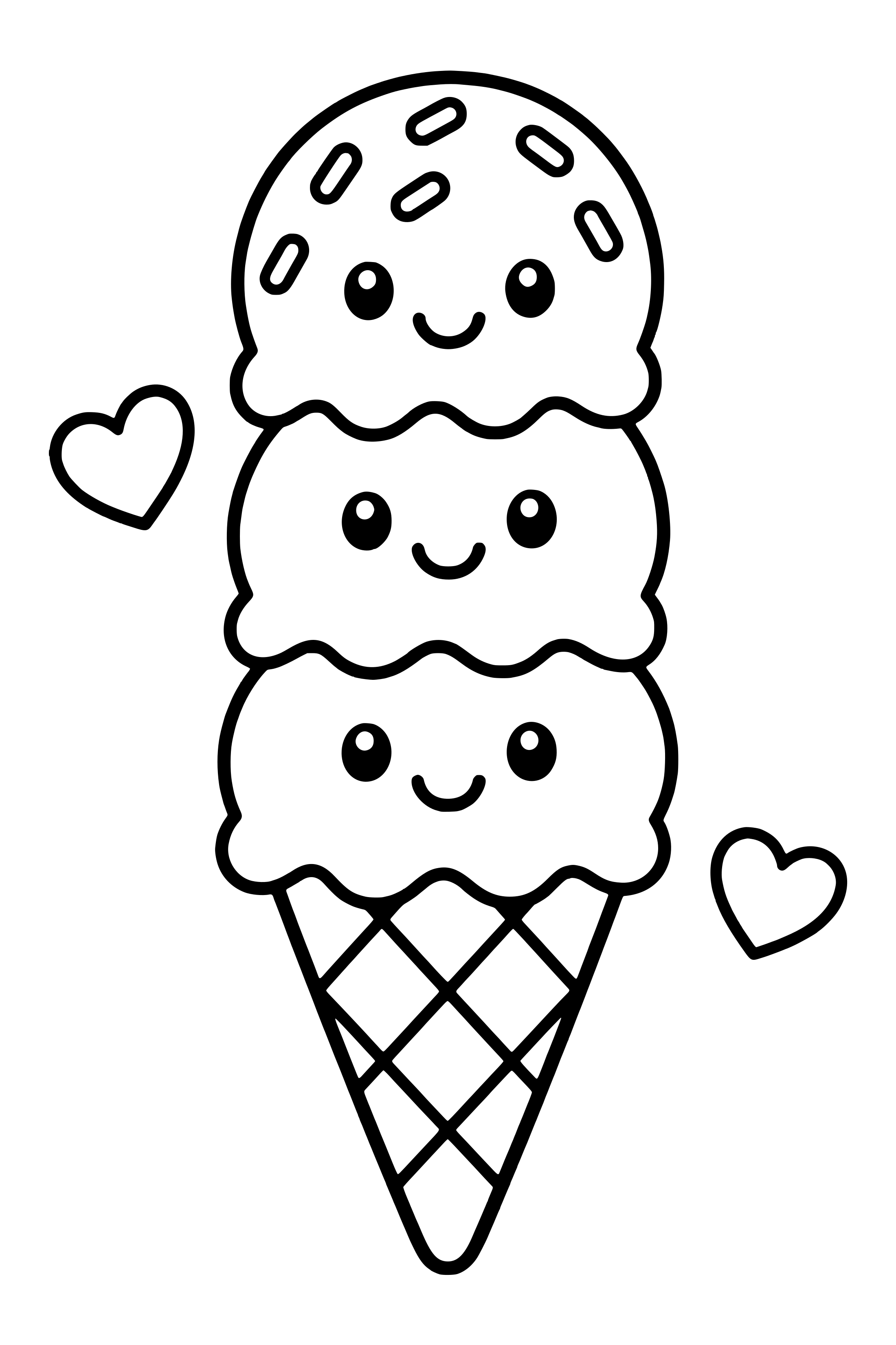 Coloring page of a smiling three-scoop ice cream cone with sprinkles
