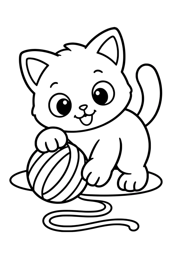 Coloring page of a cute kitten with big eyes playing with a ball of yarn