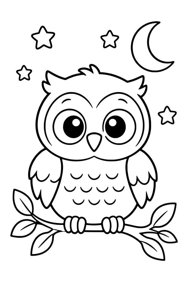 Coloring page of a cute round owl with big eyes sitting on a branch under the moon
