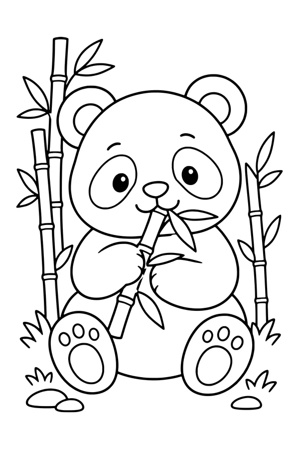 Coloring page of a cute round panda sitting and eating bamboo