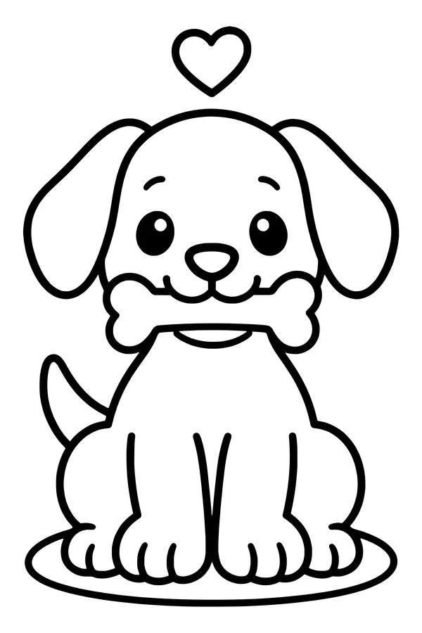 Coloring page of a cute floppy-eared puppy sitting with a bone