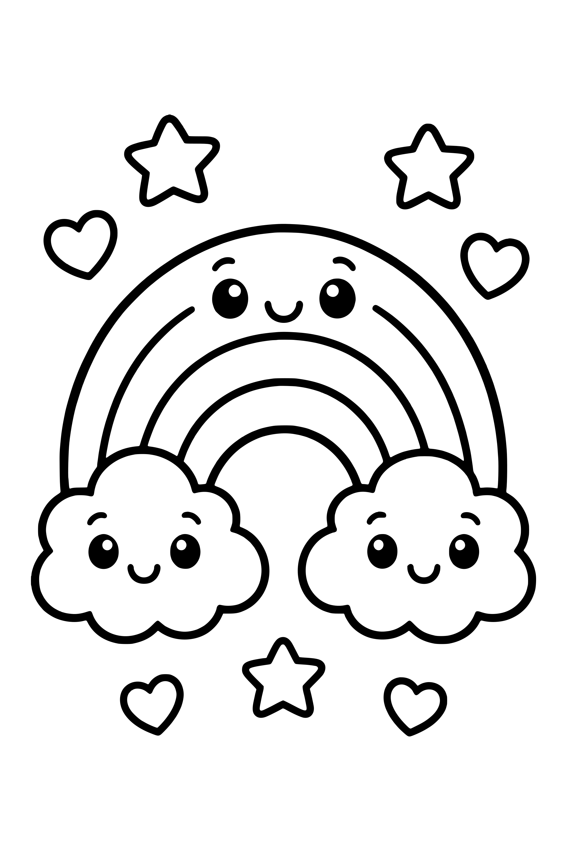 Coloring page of a smiling rainbow resting on two fluffy clouds