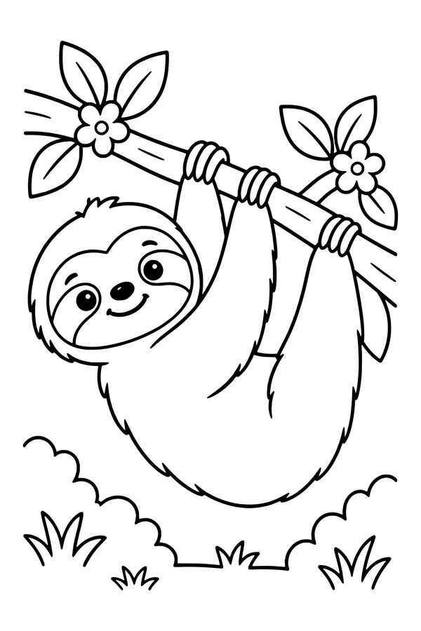 Coloring page of a smiling sloth hanging from a leafy branch
