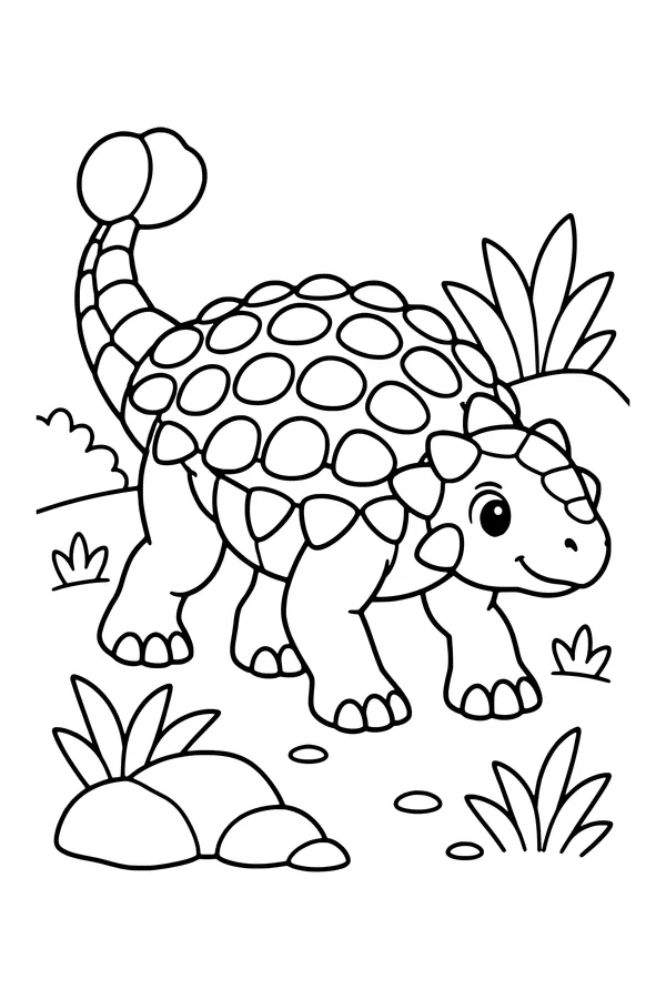 Coloring page of an armored ankylosaurus with a club on its tail