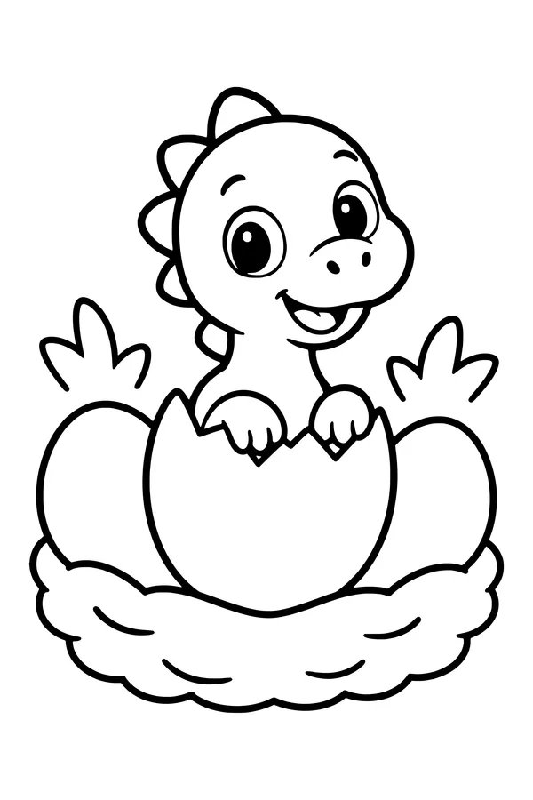 Coloring page of a cute baby dinosaur hatching from a cracked egg in a nest
