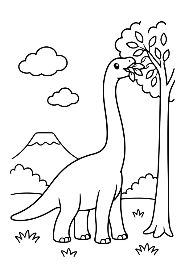 Coloring page of a long-neck brachiosaurus eating leaves from a tall tree