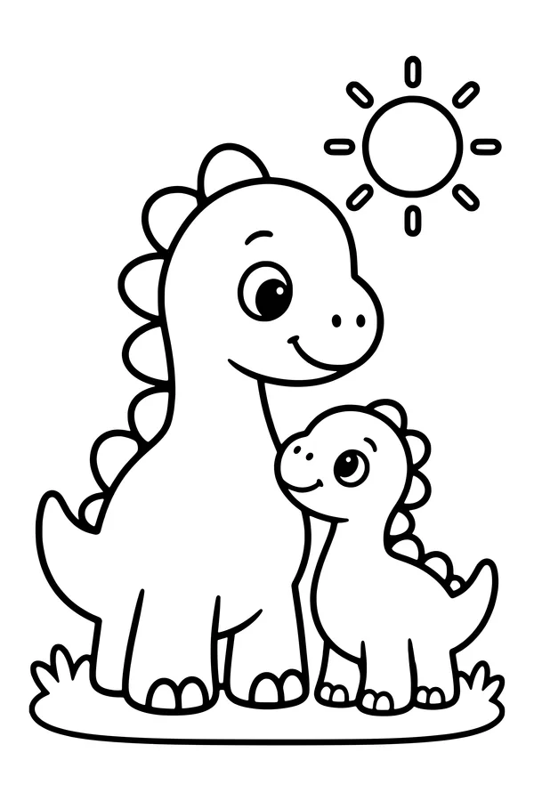Coloring page of a cute mother dinosaur and her baby standing together