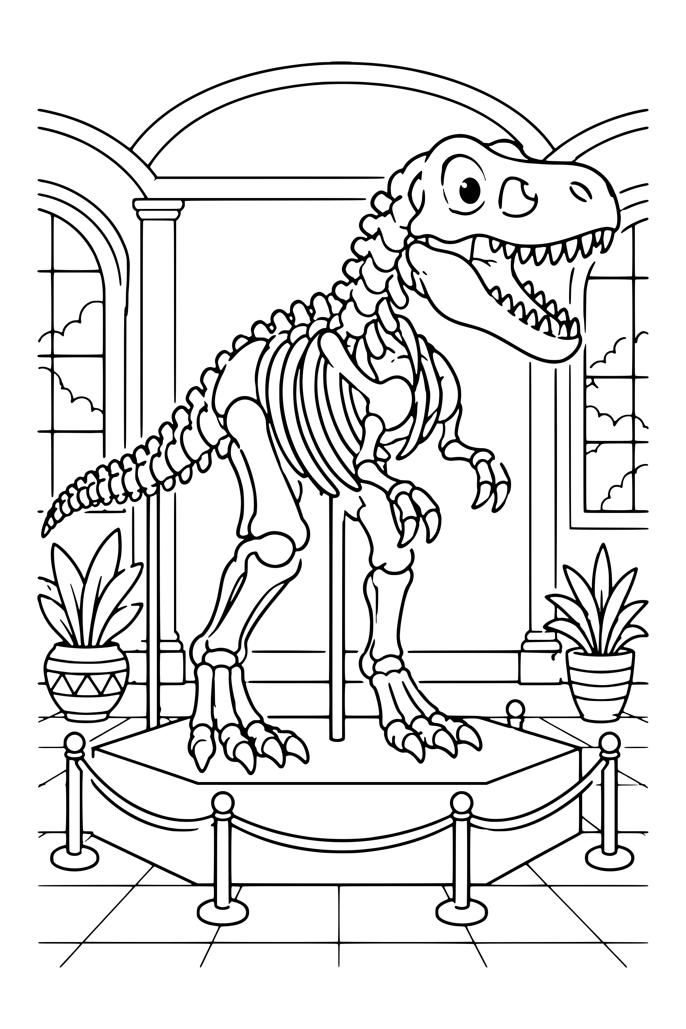 Coloring page of a T. rex fossil skeleton on a museum display stand