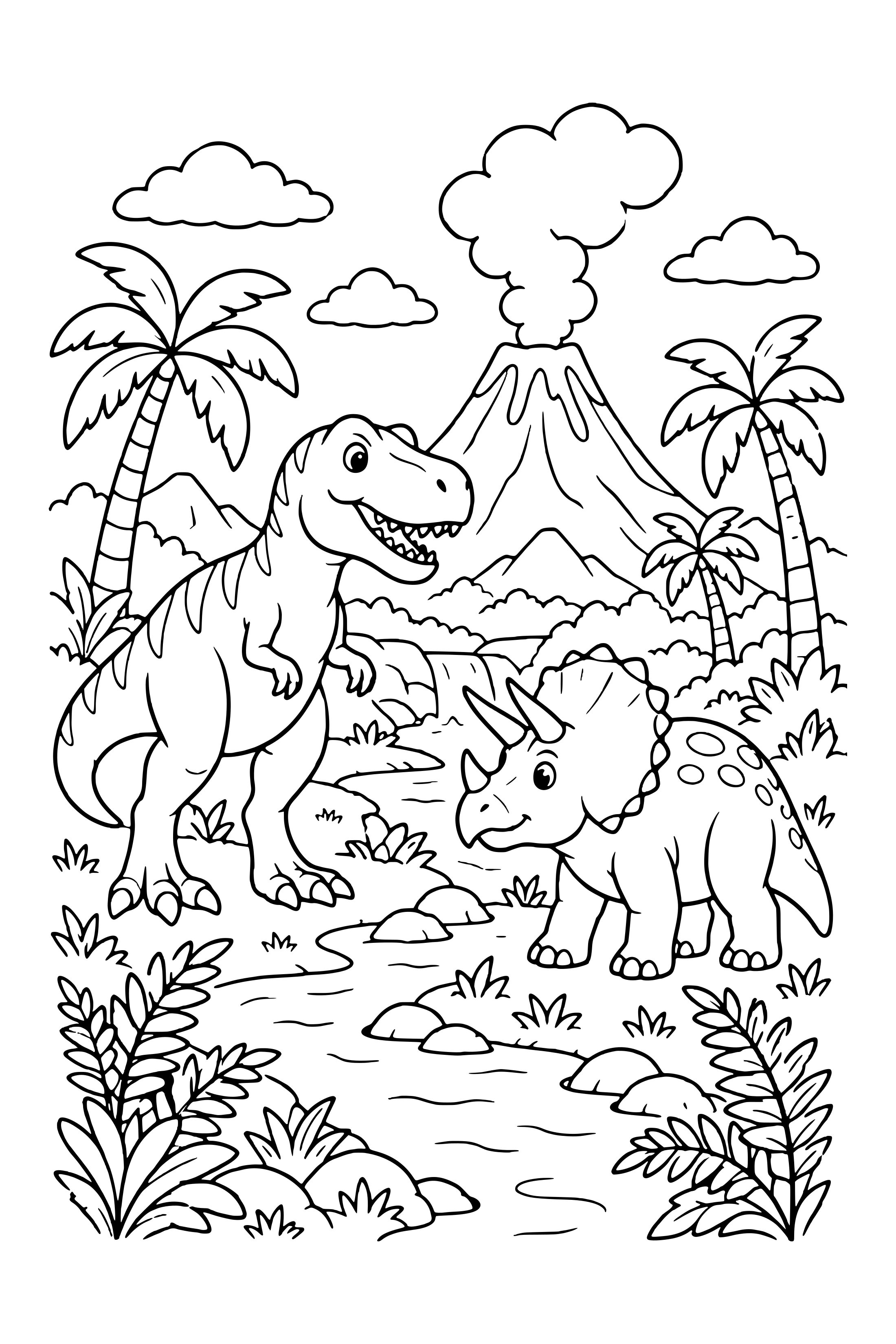 Coloring page of a T. rex and a triceratops in a prehistoric valley with a volcano