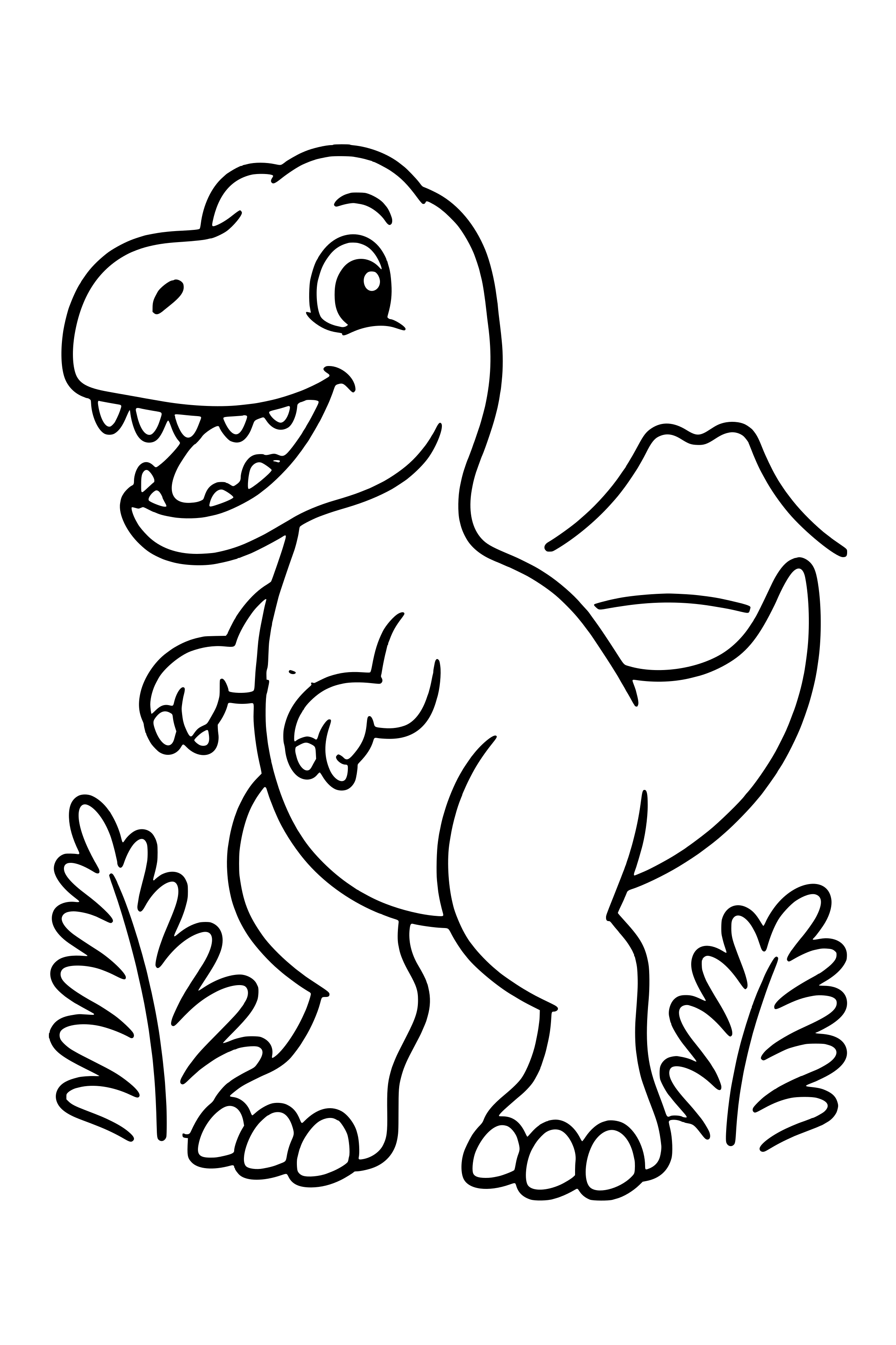 Coloring page of a friendly smiling T. rex standing among ferns