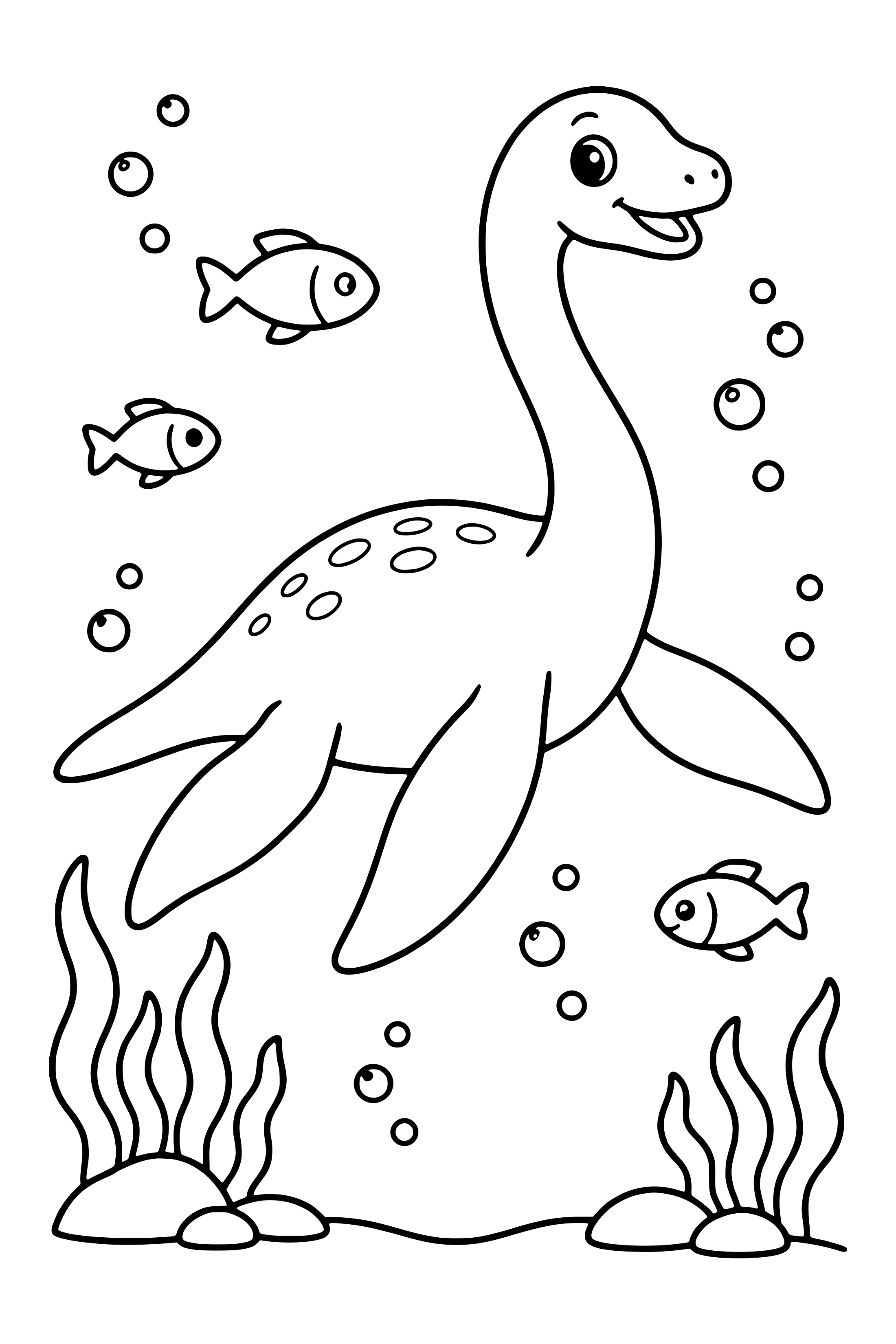 Coloring page of a long-neck plesiosaur swimming underwater with fish and seaweed