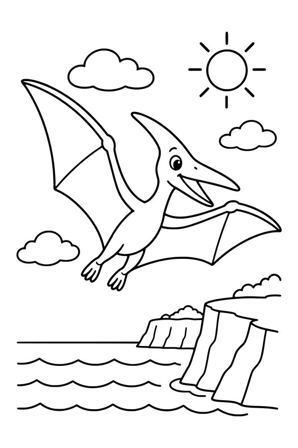 Coloring page of a pteranodon flying with wide wings over the sea and cliffs