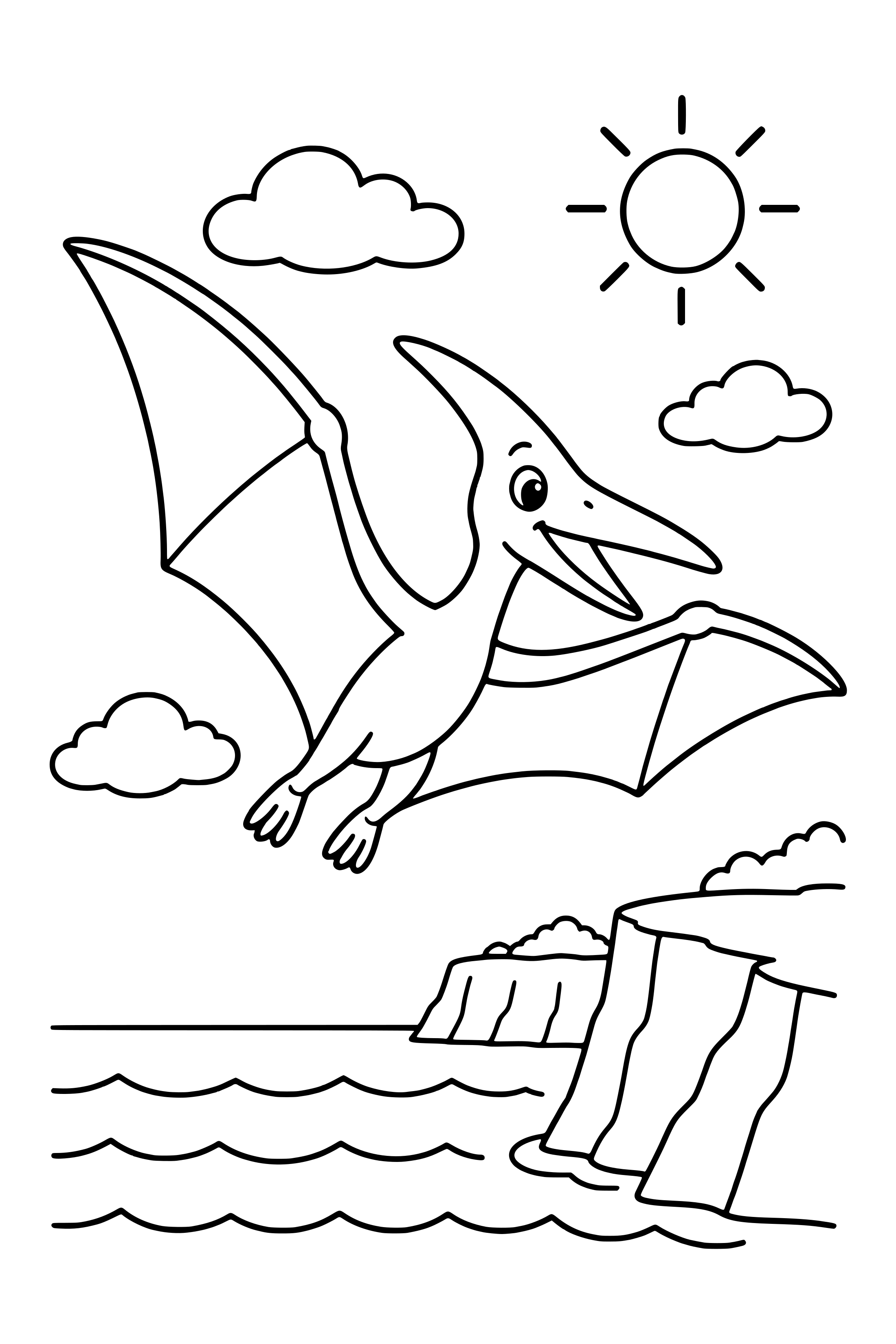 Coloring page of a pteranodon flying with wide wings over the sea and cliffs