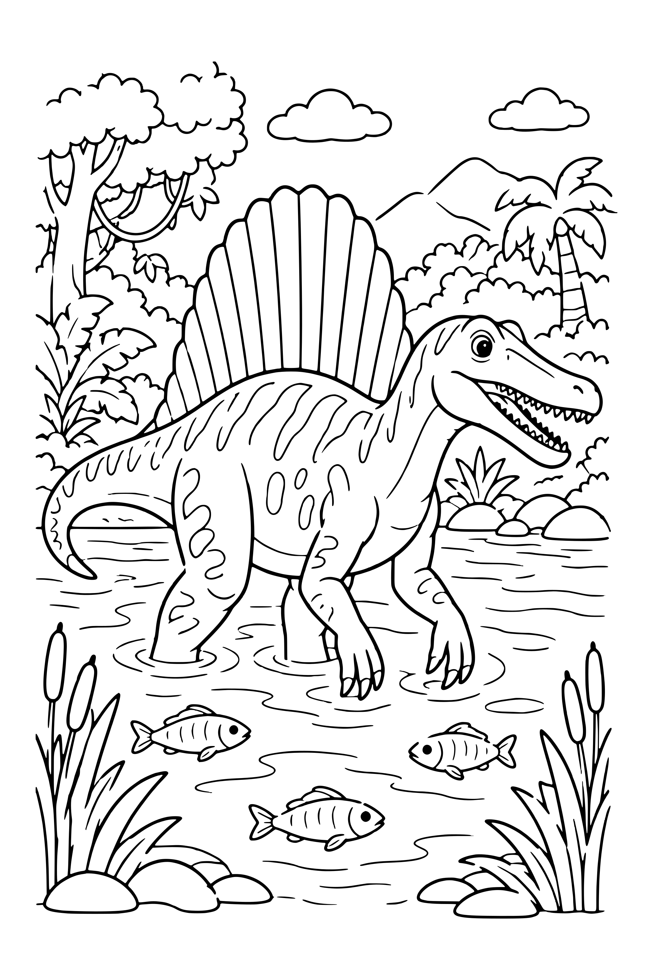 Coloring page of a spinosaurus with a tall back sail wading in a jungle river