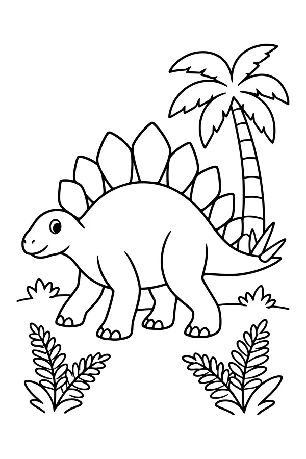 Coloring page of a stegosaurus with big plates along its back next to a palm tree