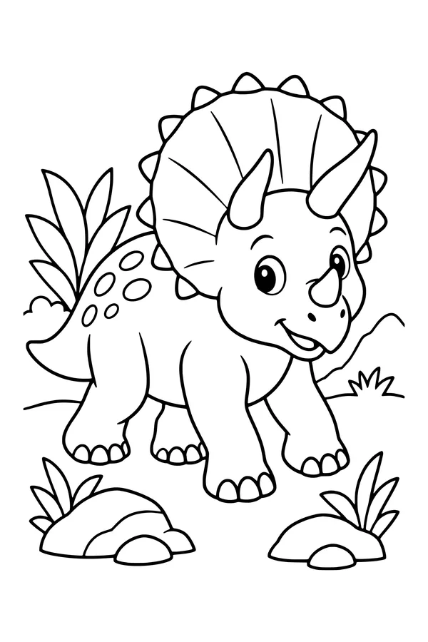 Coloring page of a triceratops with three horns and a big frill