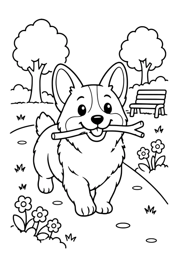 Coloring page of a happy corgi trotting along a park path with a stick