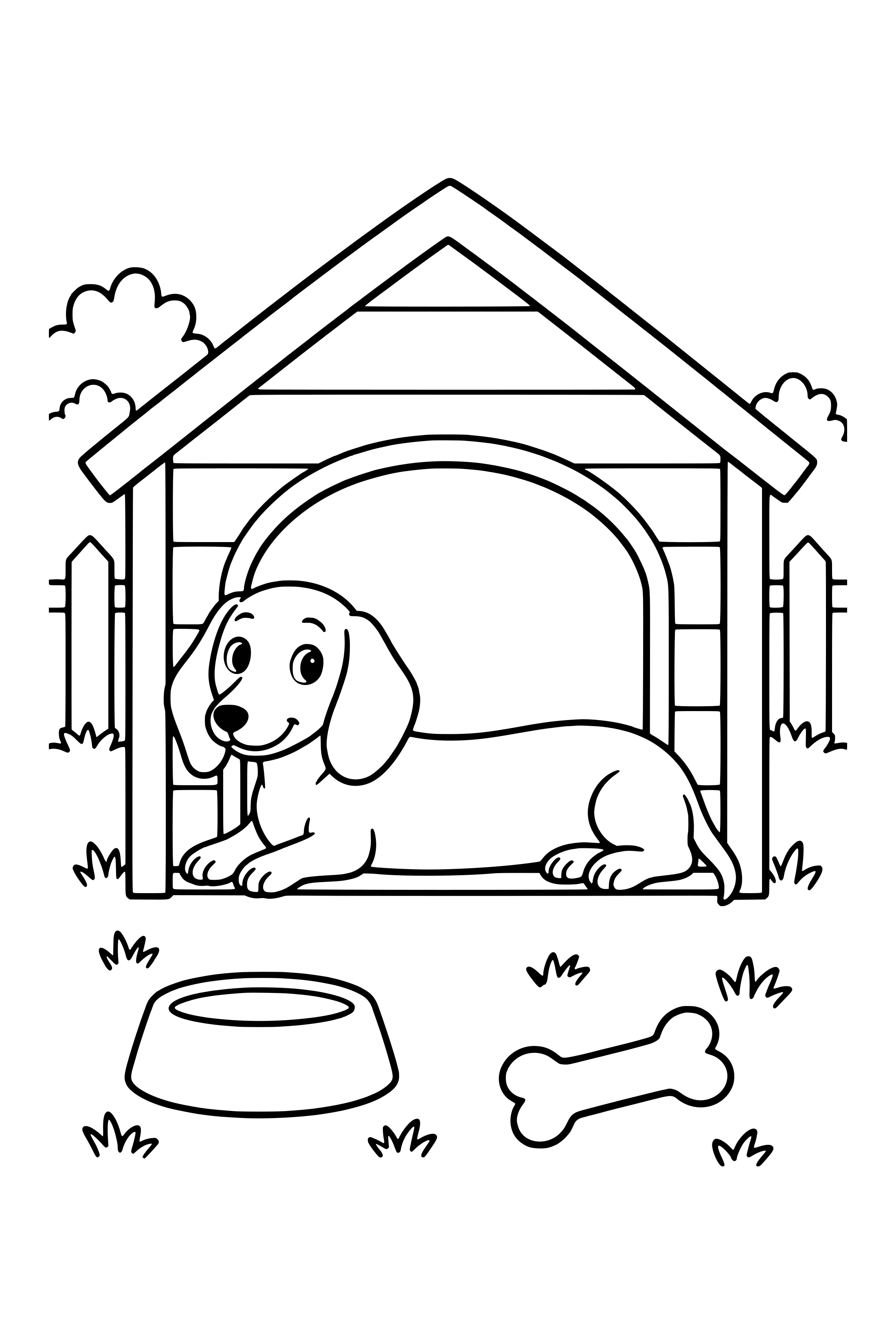 Coloring page of a dachshund lying in the doorway of a wooden doghouse