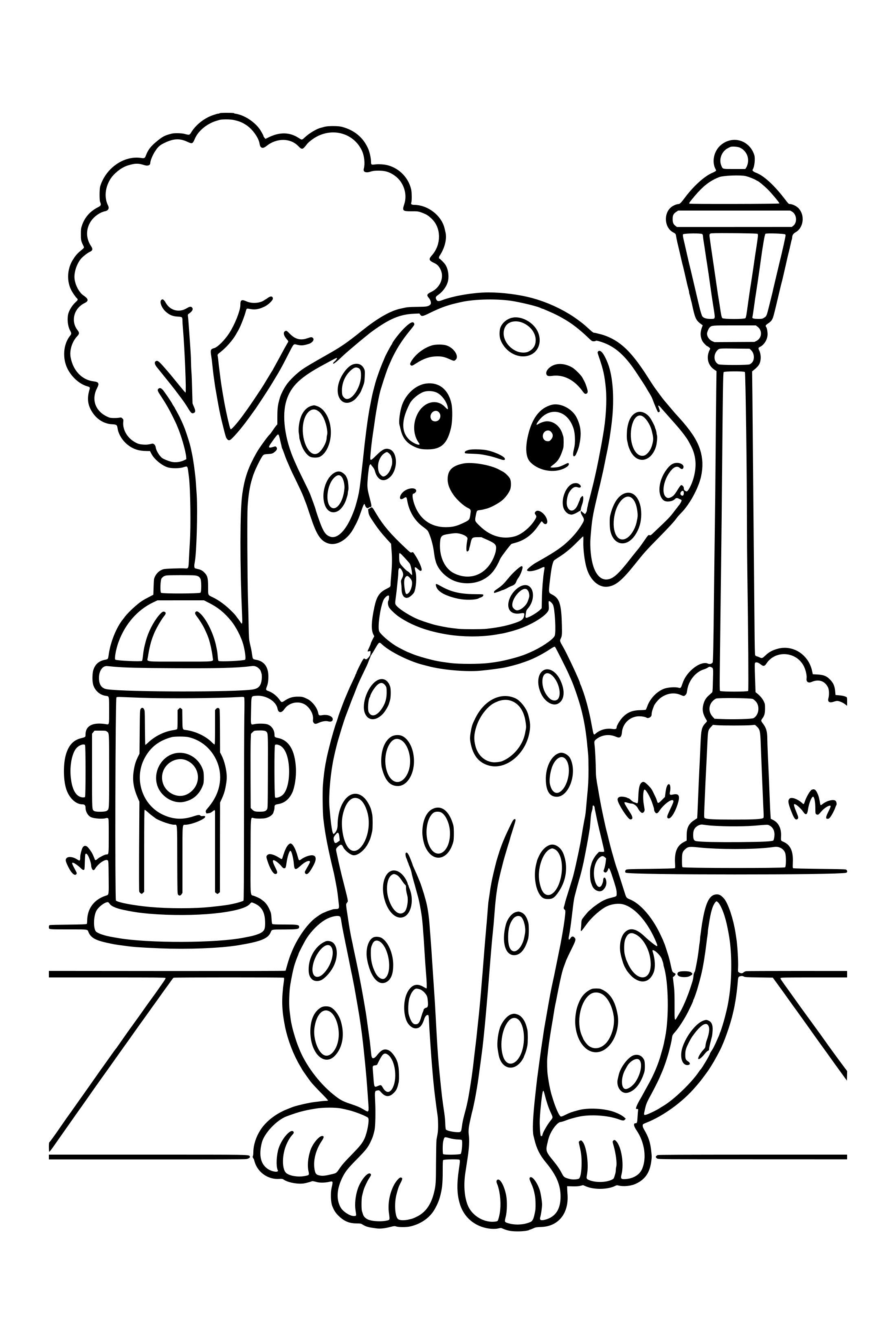 Coloring page of a spotted dalmatian sitting next to a fire hydrant on a sidewalk