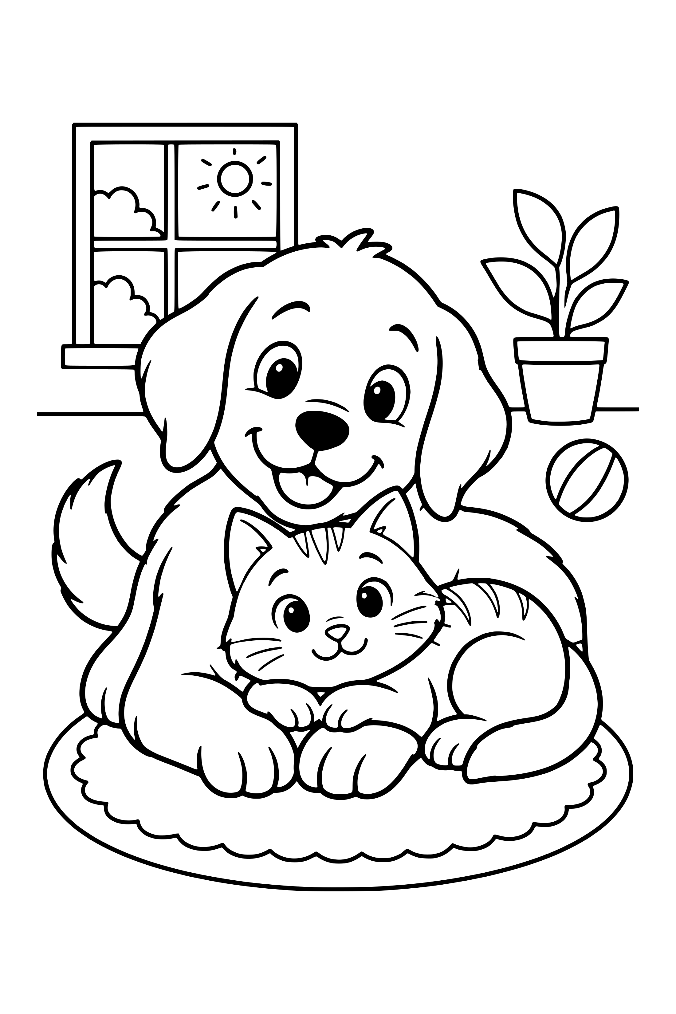 Coloring page of a dog and a cat cuddled up together on a rug
