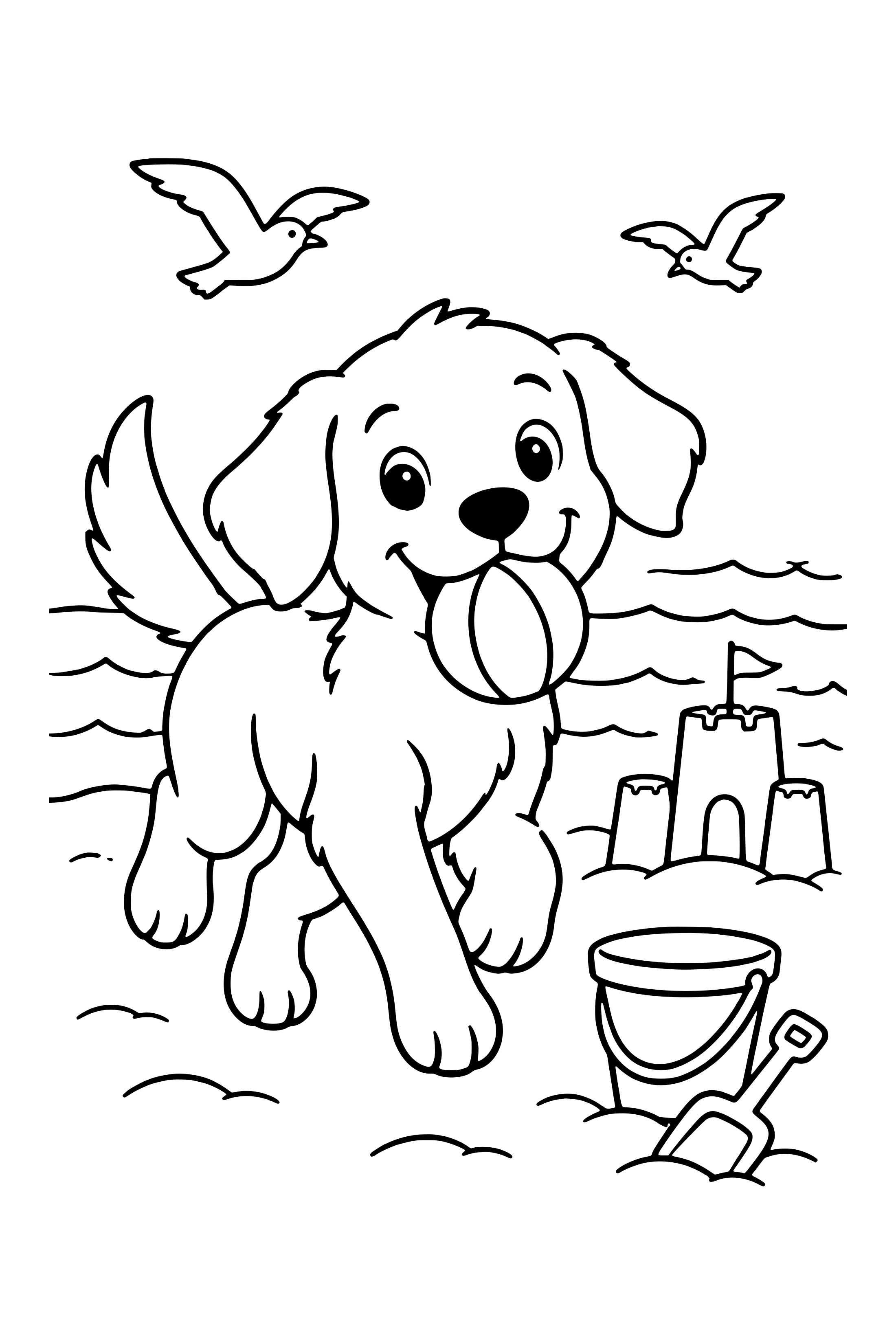 Coloring page of a happy dog running on the beach with a ball past a sandcastle