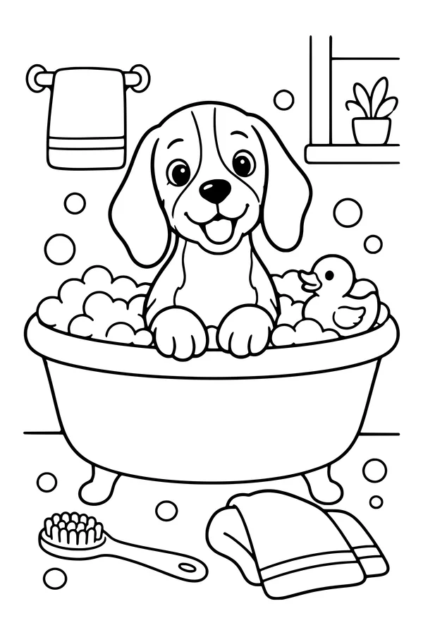 Coloring page of a beagle sitting in a bubble bath with a rubber duck