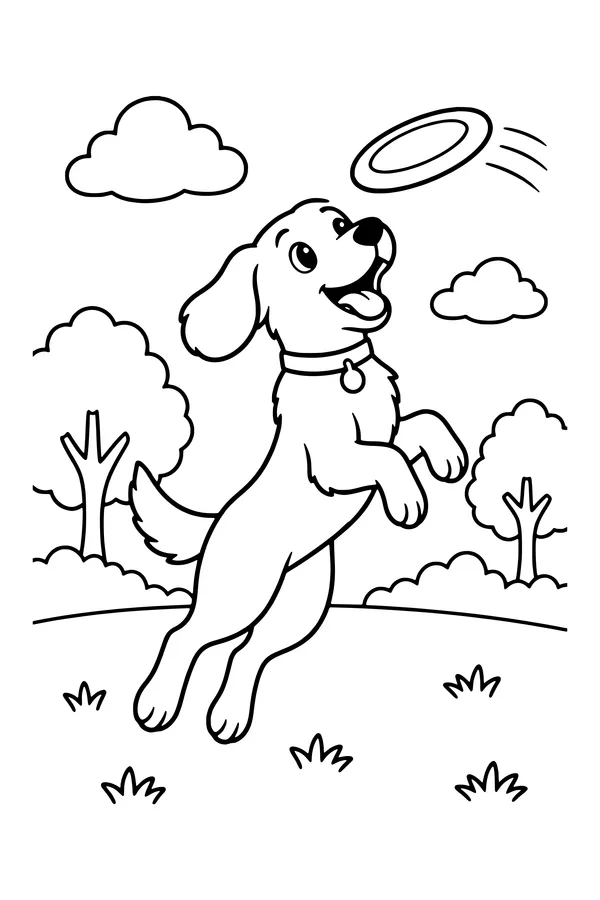 Coloring page of a dog leaping in the air to catch a flying disc in a park