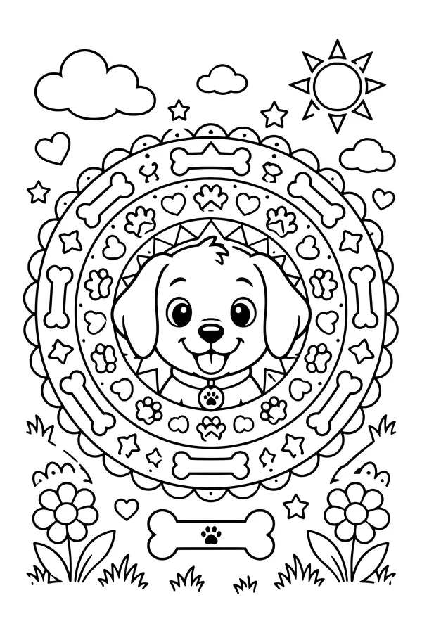 Coloring page of a round mandala with a puppy face in the center and rings of bones and paw prints