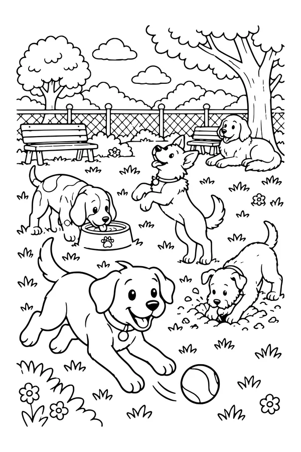 Coloring page of a busy dog park with five dogs playing, digging and resting
