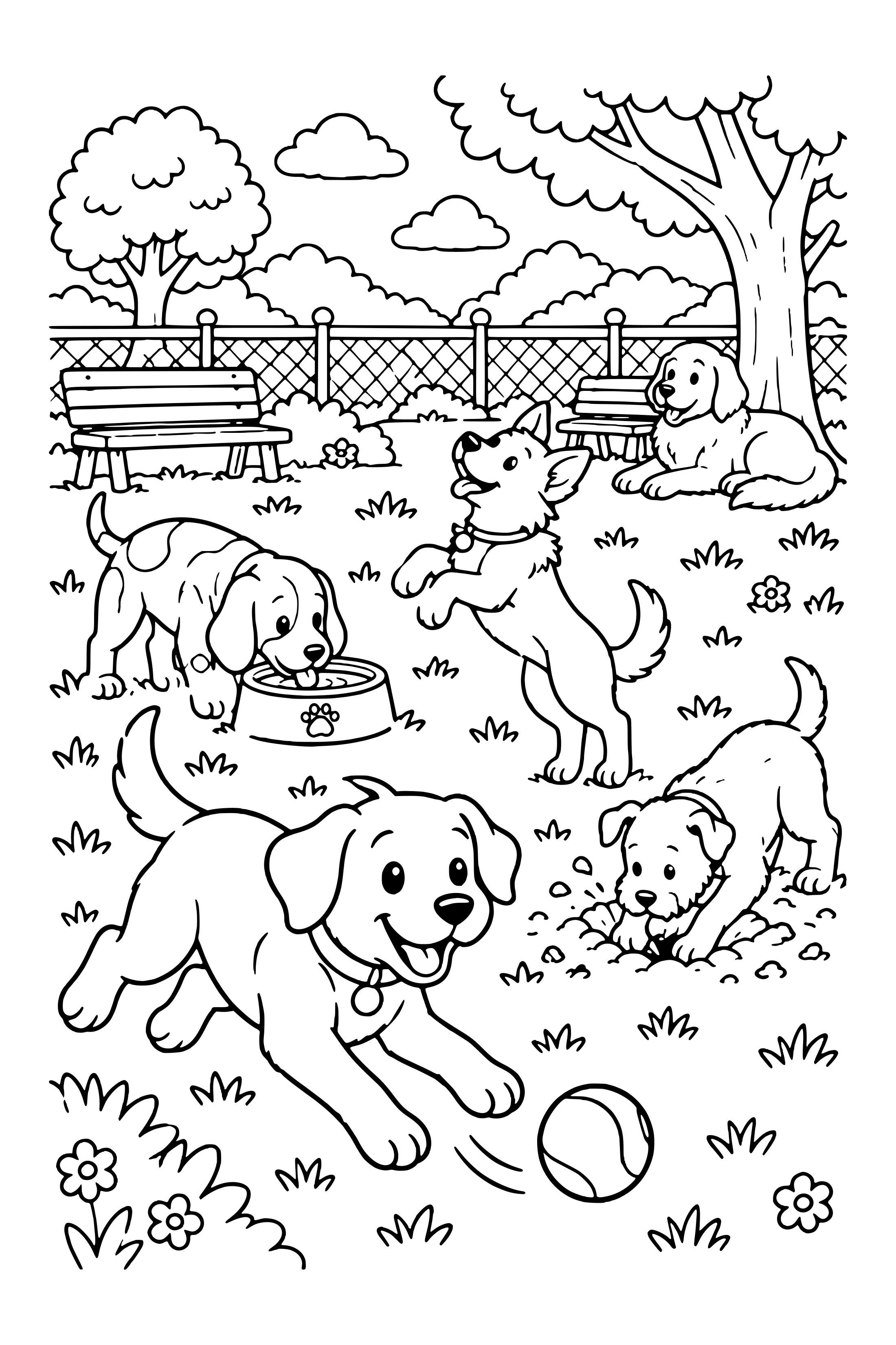 Coloring page of a busy dog park with five dogs playing, digging and resting