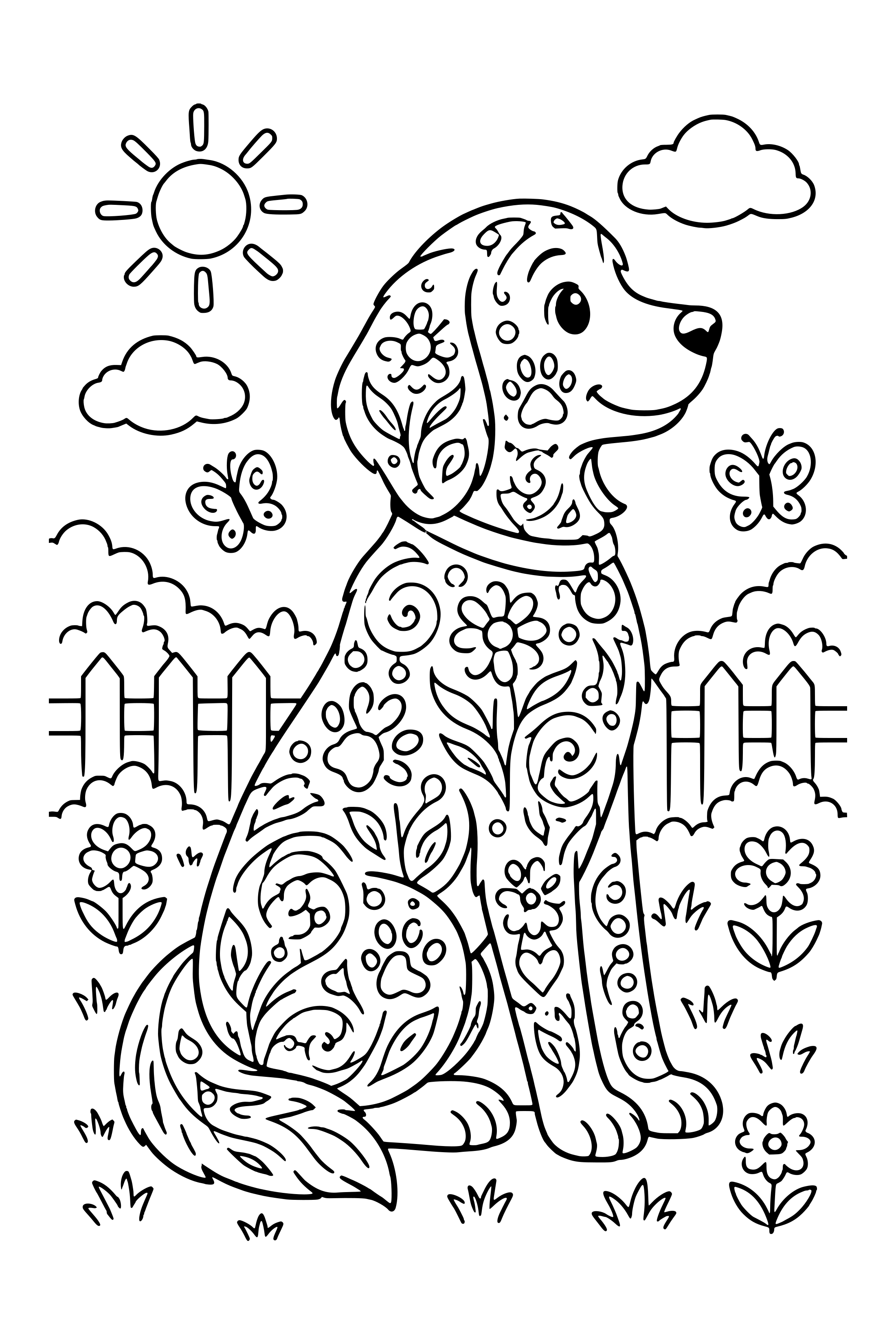 Coloring page of a sitting dog filled with patterns of swirls, flowers and paw prints