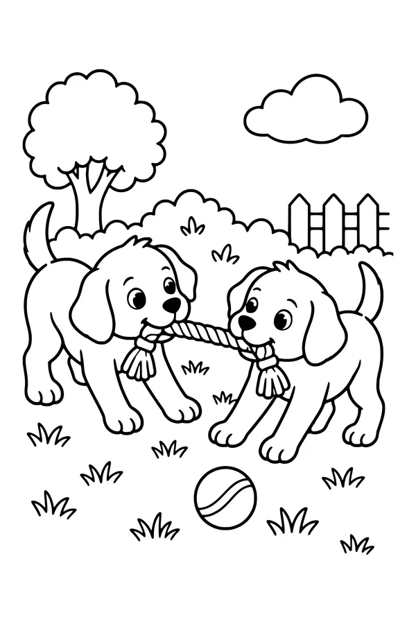 Coloring page of two puppies playing tug of war with a rope toy on the grass