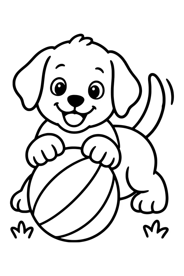 Coloring page of a happy puppy lying with its paws on a big striped ball