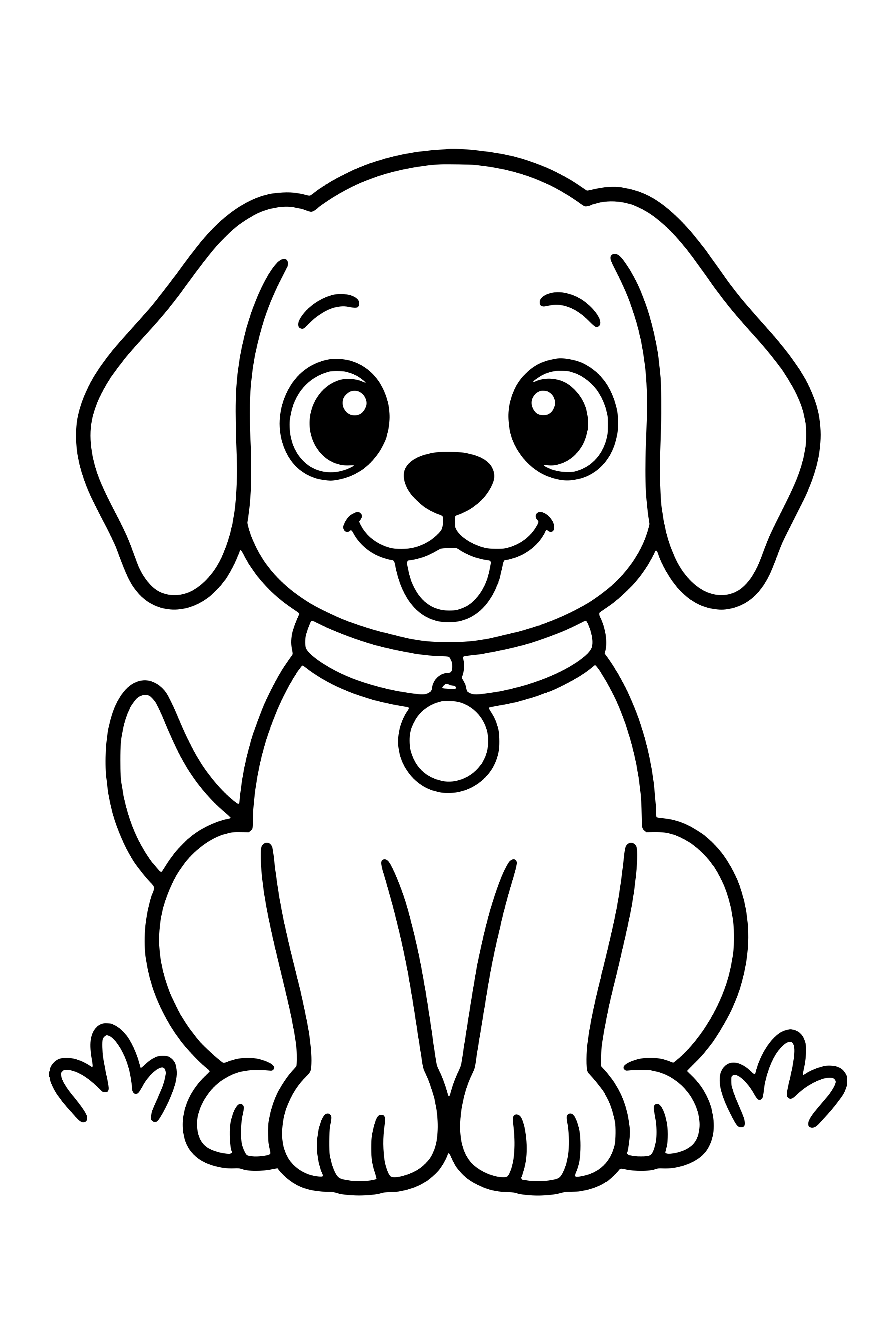 Coloring page of a simple cute puppy with floppy ears and a collar sitting