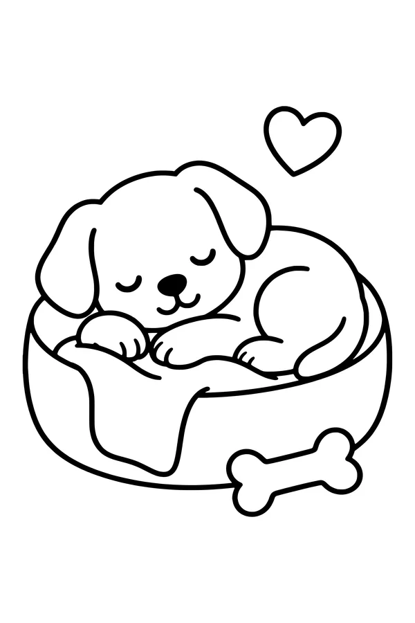 Coloring page of a puppy asleep in a round dog bed with a bone toy