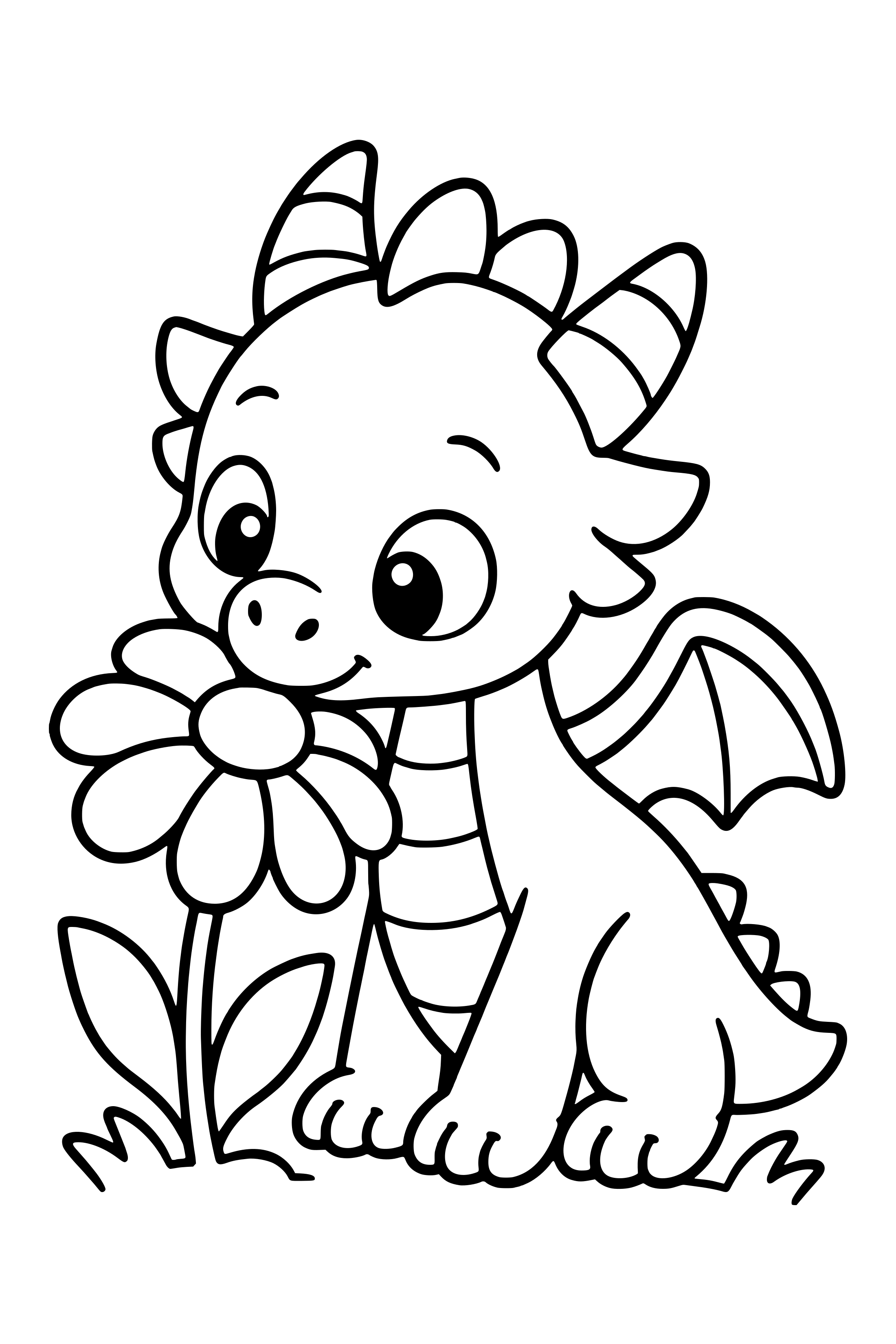 Coloring page of a baby dragon gently sniffing a large daisy