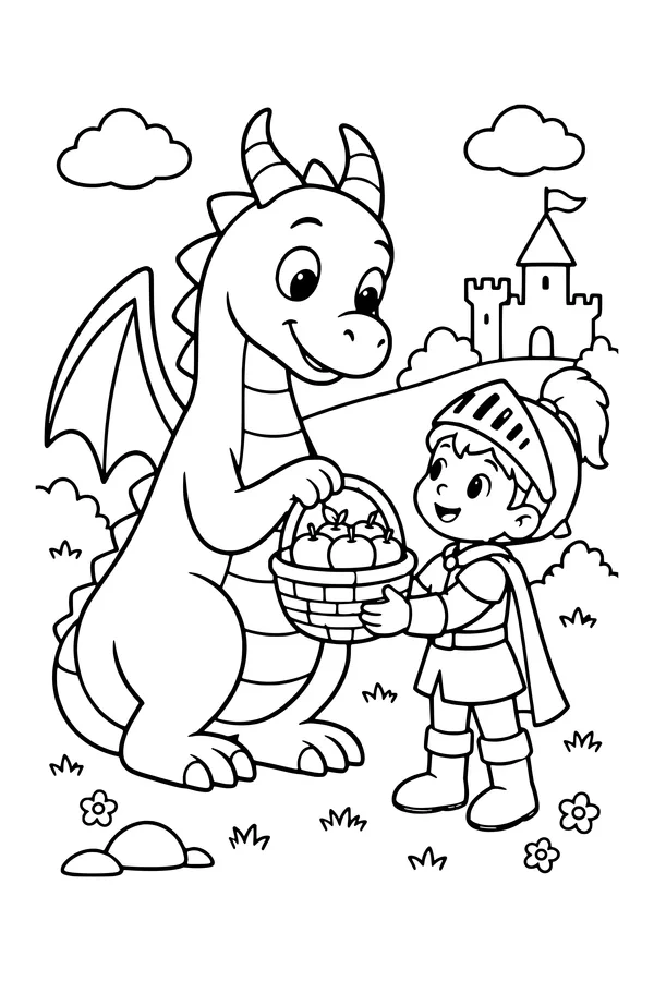 Coloring page of a friendly dragon and a child in simple knight costume sharing an apple basket