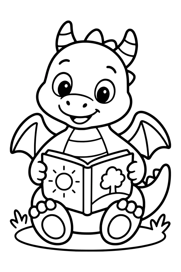 Coloring page of a friendly dragon sitting with an open picture book