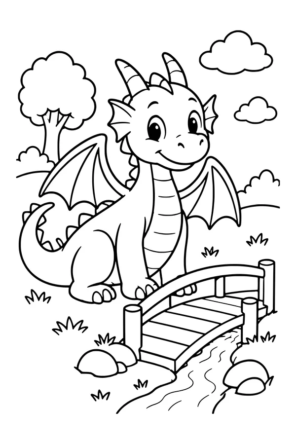 Coloring page of a friendly dragon waiting beside a wooden bridge over a narrow stream