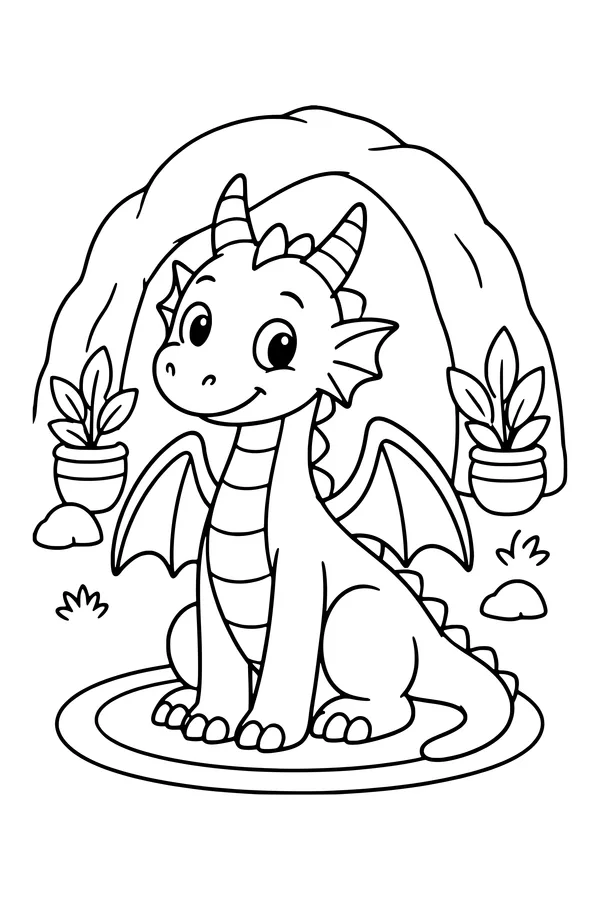 Coloring page of a gentle dragon outside a rounded cave with a rug and two potted plants