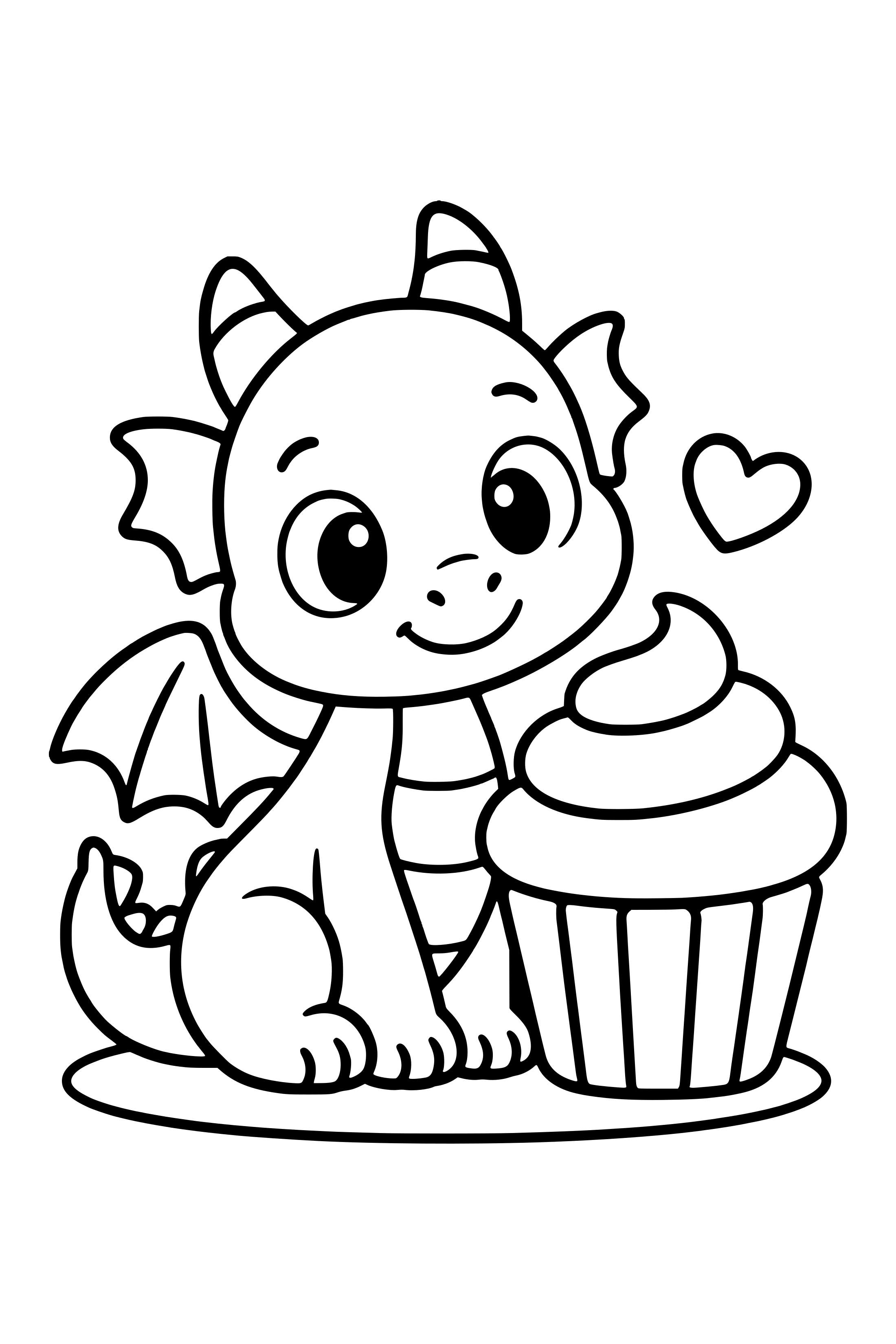 Coloring page of a small dragon sitting beside a large cupcake with a simple icing swirl