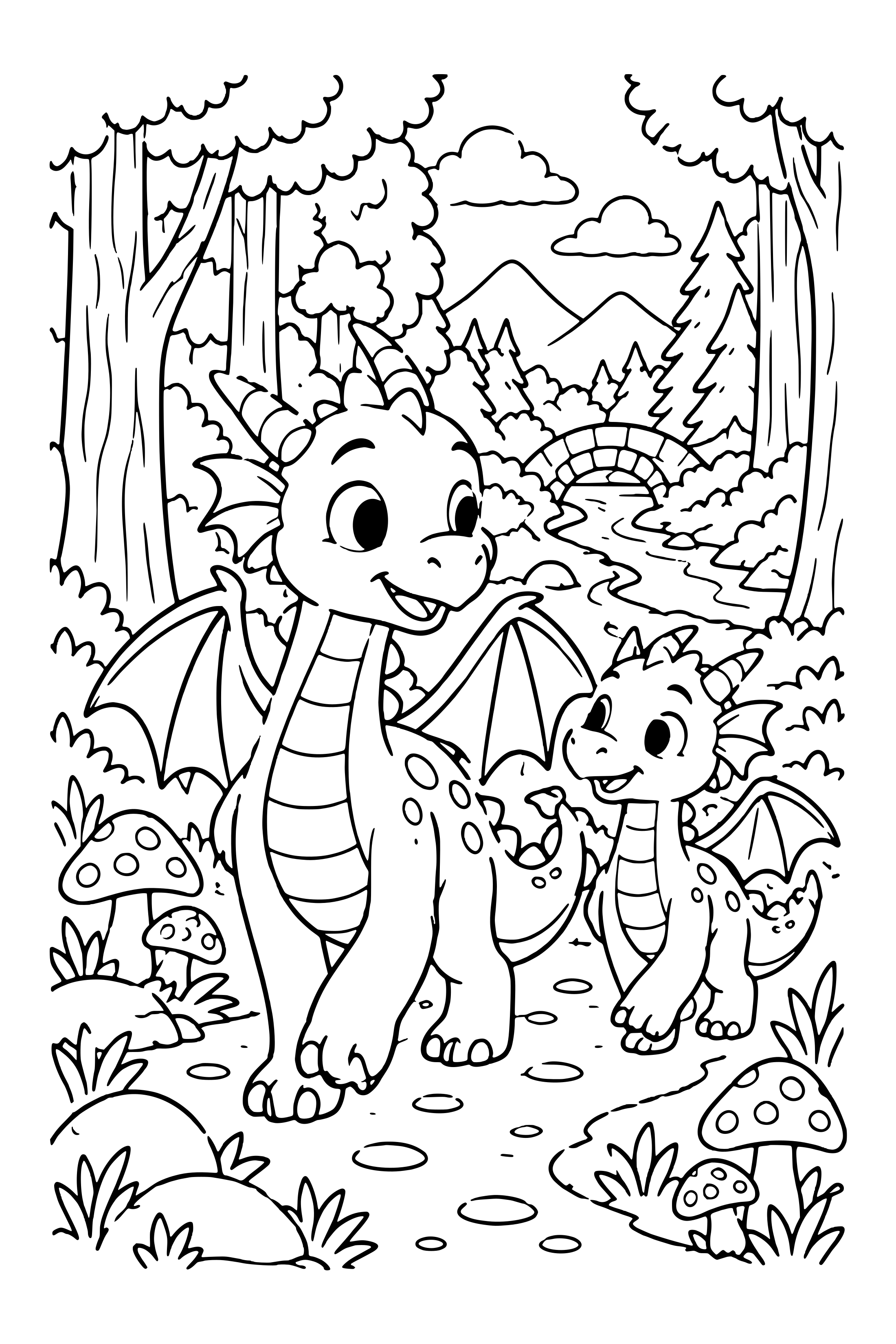 Coloring page of two friendly dragons following a winding woodland path past mushrooms and tall trees