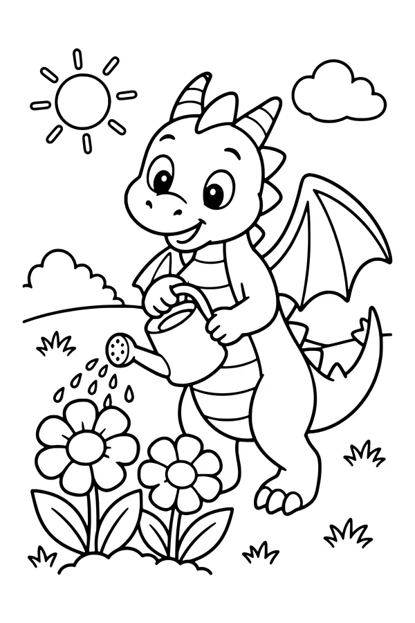 Coloring page of a friendly dragon tending large flowers with a watering can