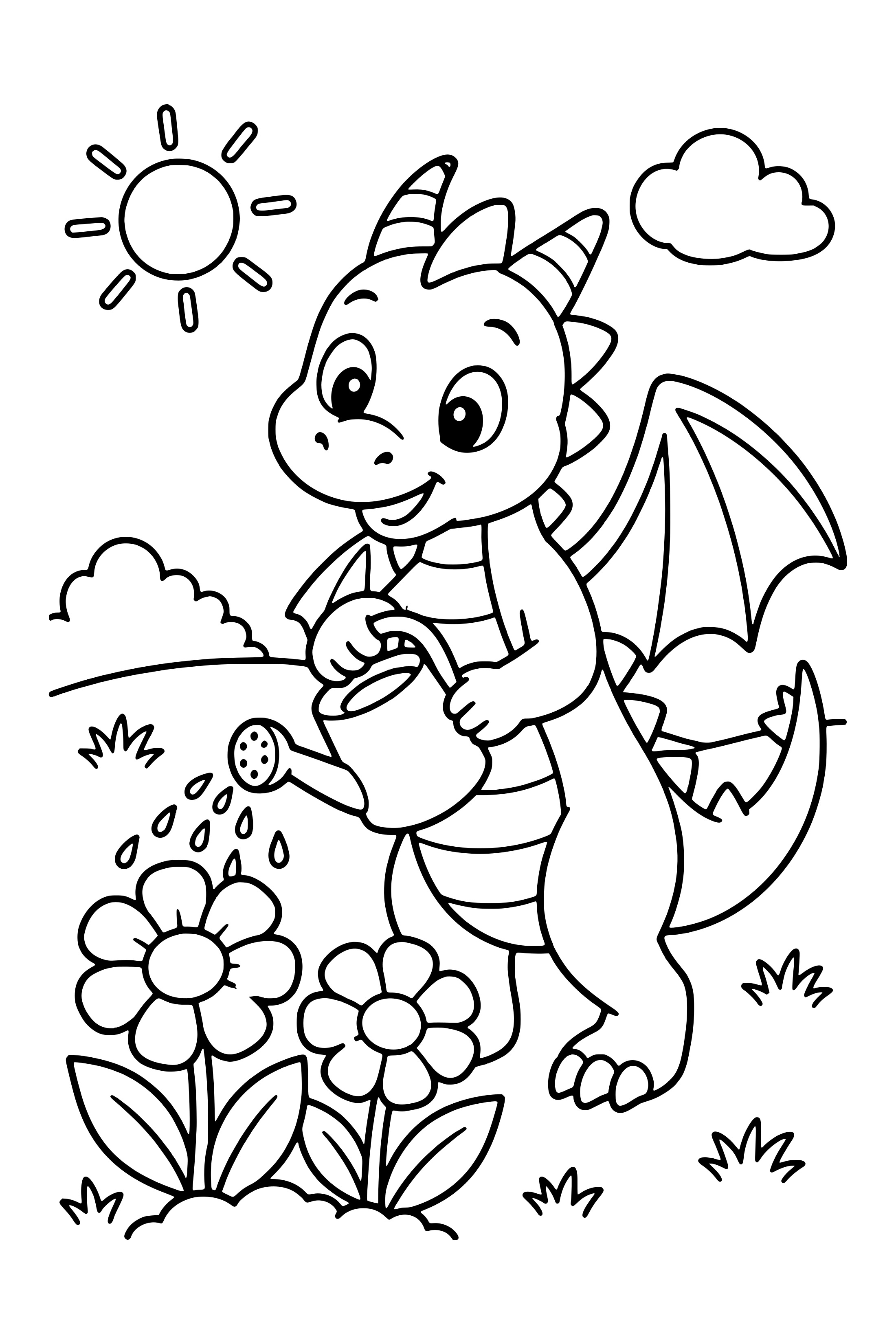 Coloring page of a friendly dragon tending large flowers with a watering can