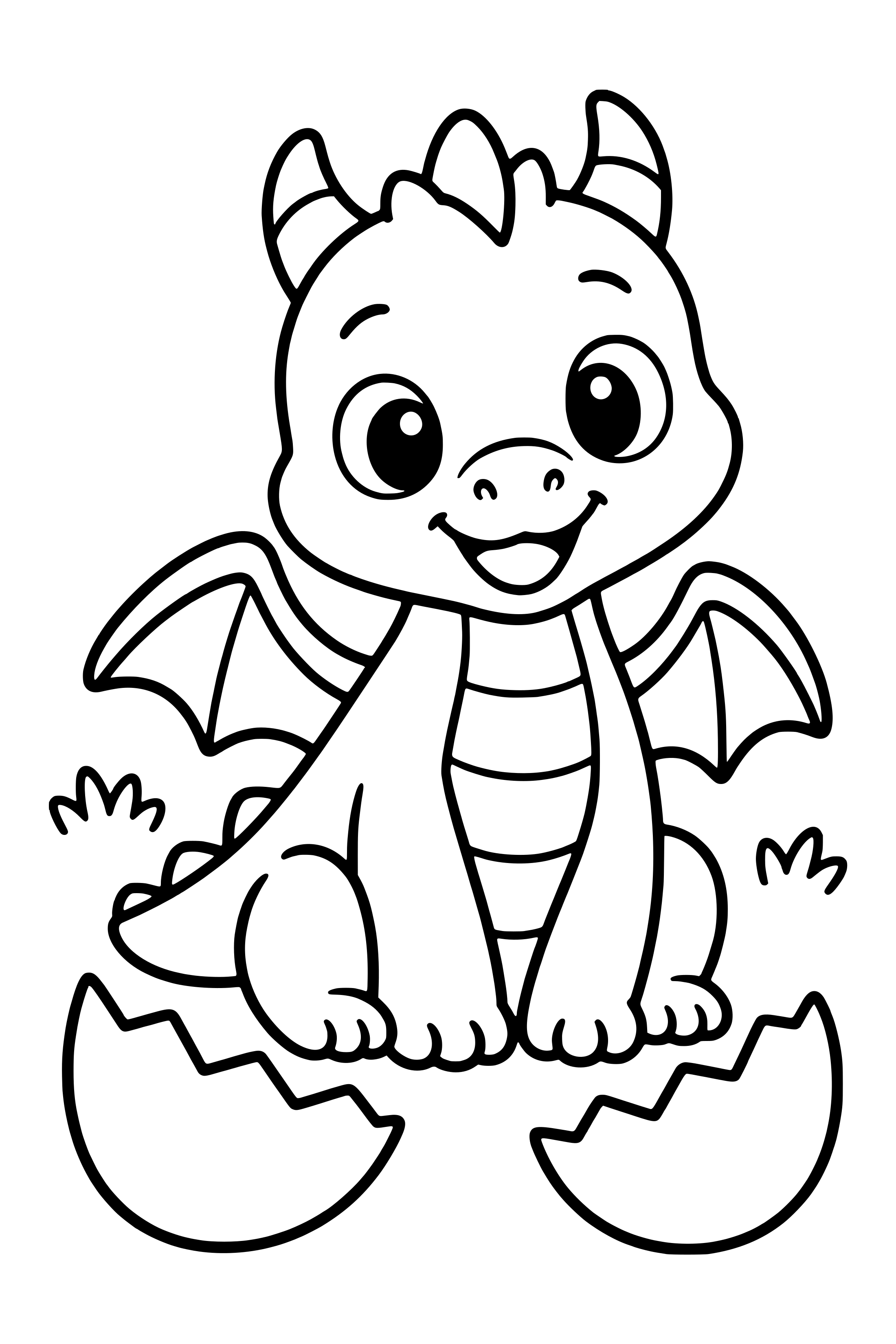 Coloring page of a friendly baby dragon sitting beside two halves of its eggshell