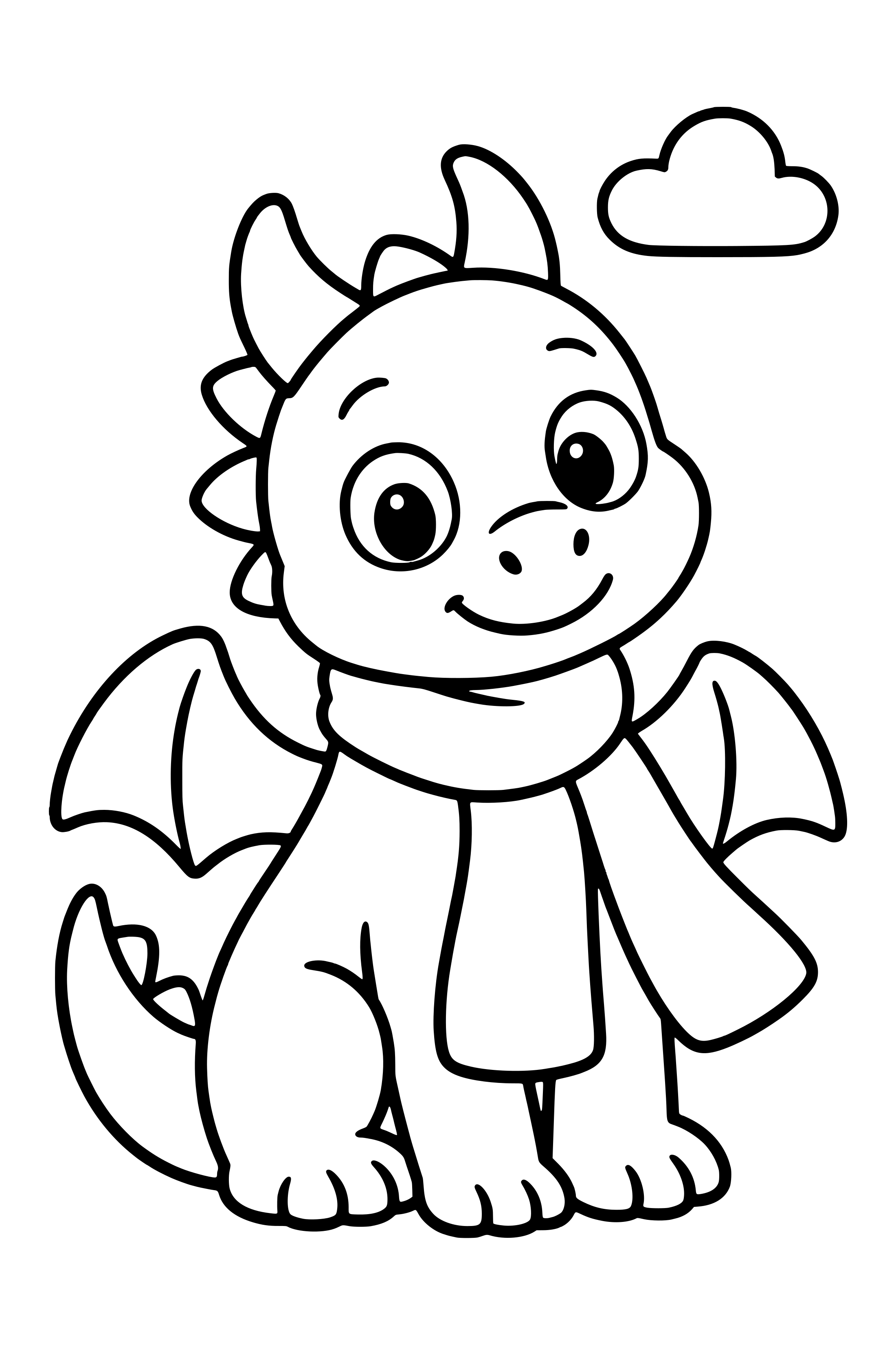 Coloring page of a friendly little dragon wearing a long broad scarf