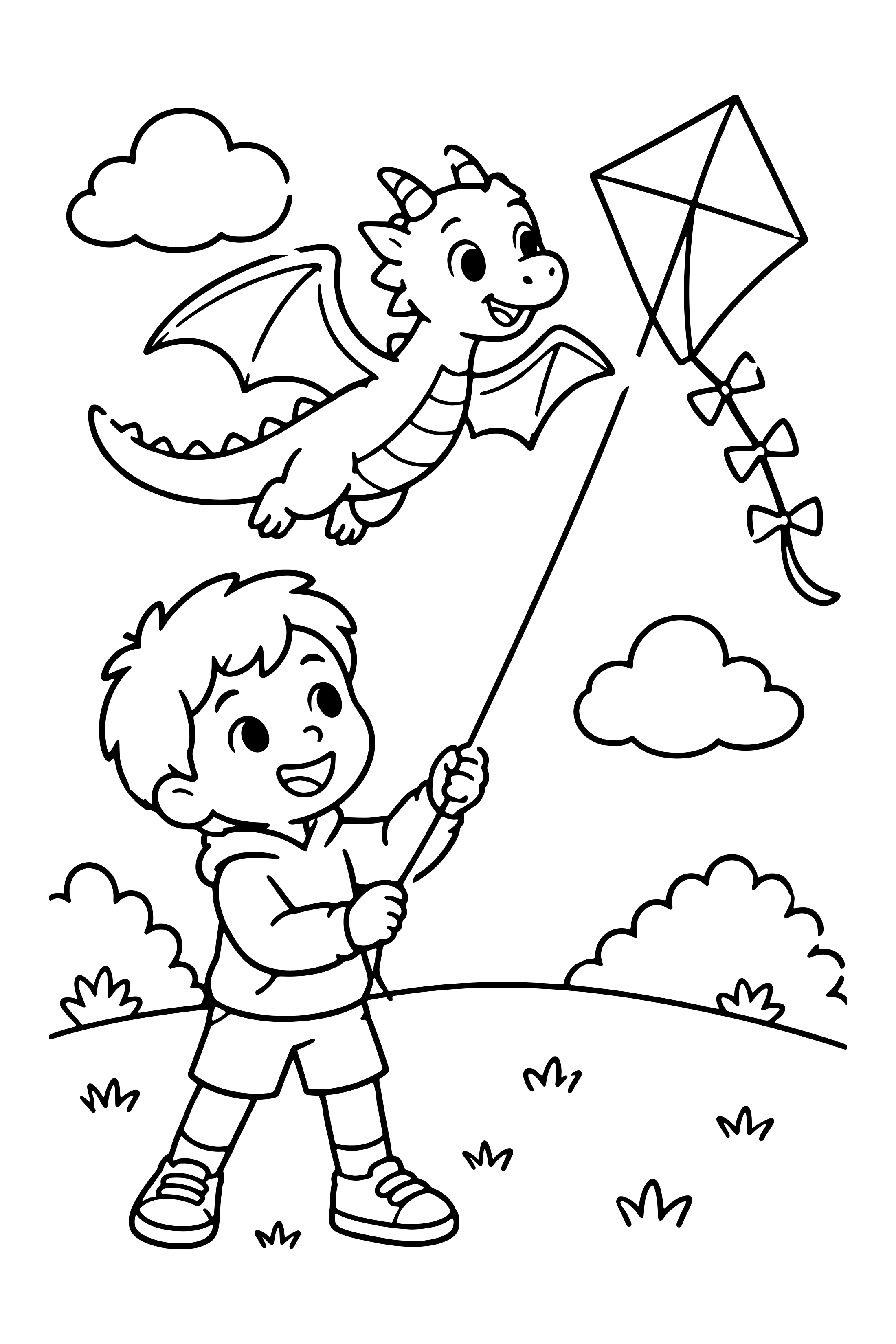 Coloring page of a child holding a kite string while a friendly dragon flies beside a kite