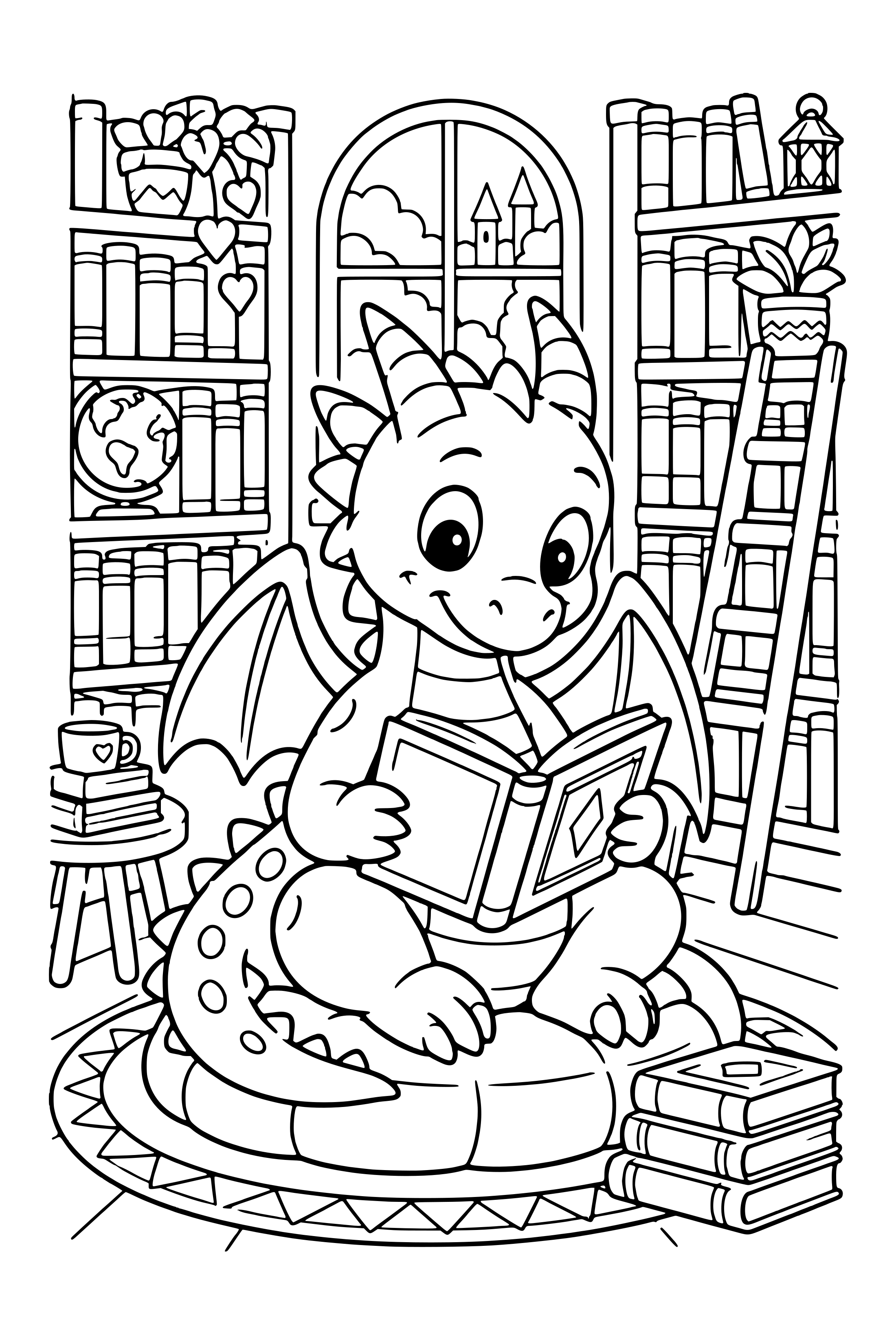 Coloring page of a friendly dragon reading among shelves of books with a small ladder
