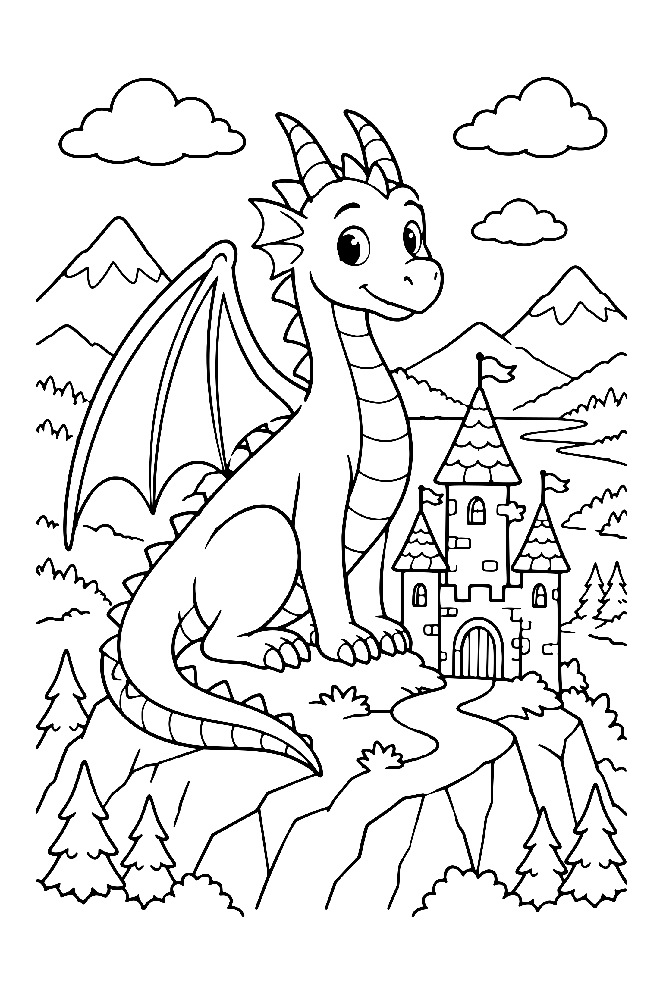 Coloring page of a gentle dragon perched beside a small castle on a broad mountain ridge